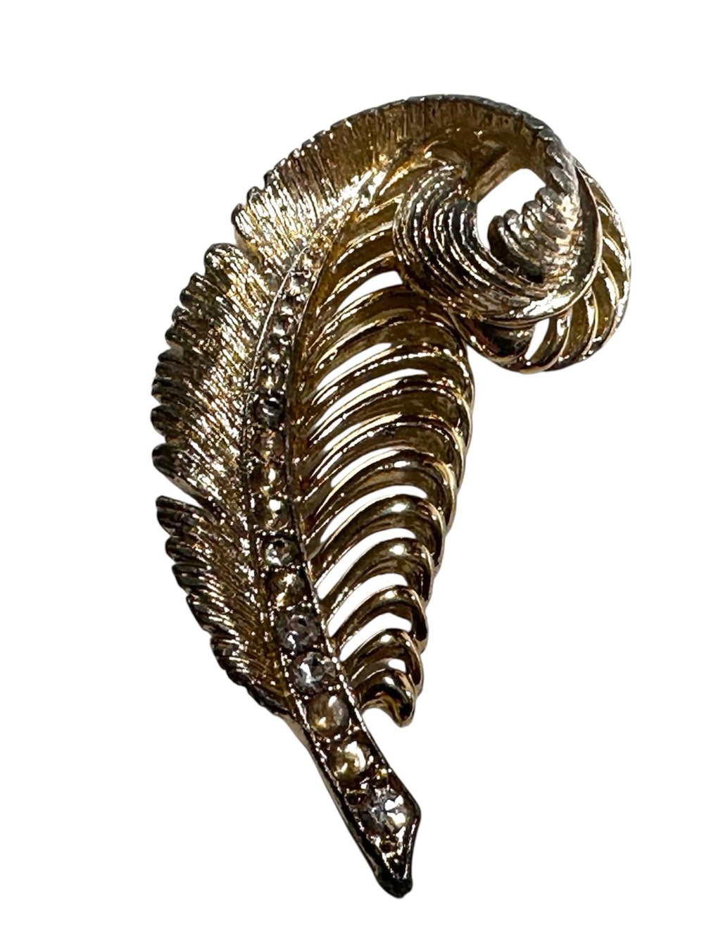 Vintage Leaf Brooch Gold Tone Rhinestone Accents Fairycore Shabby Chic Flaw